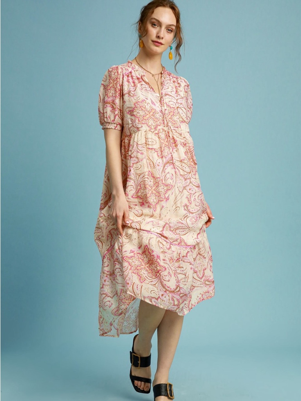 Umgee Pink Paisley Midi Dress with V-Neck